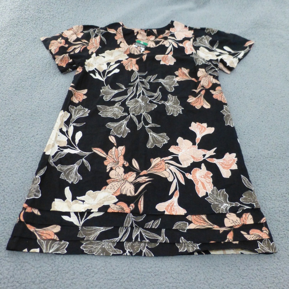 Nicole Miller Dress XL Linen Blend Black Floral Print Short Sleeve Knee Length